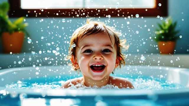 Happy child splashing water in bath