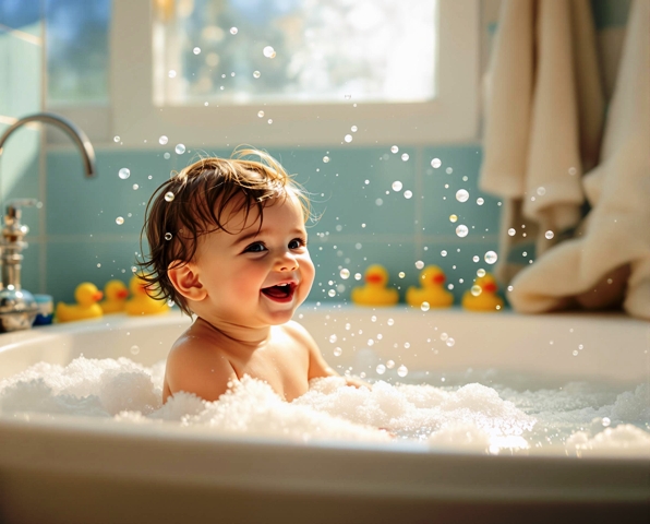 Happy child splashing water in bath L