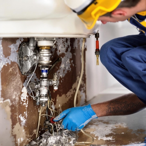 Handy man fixing leak