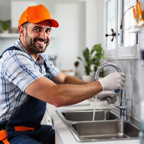 Image of a happy plumber attending to a clients' worries
