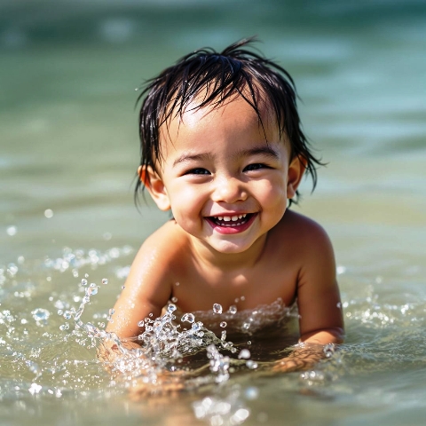 Image of a happy child in clean water