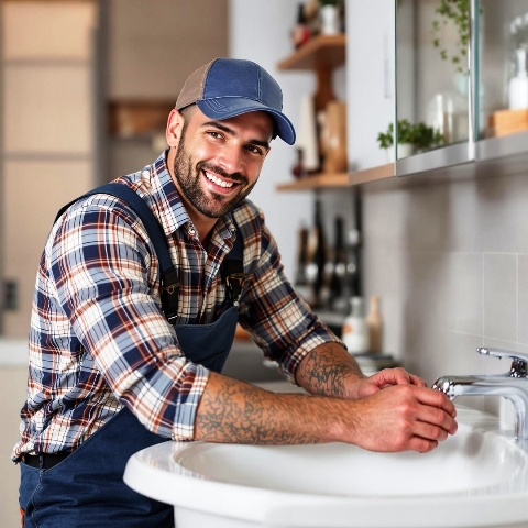 Plumber attending to plumbing system