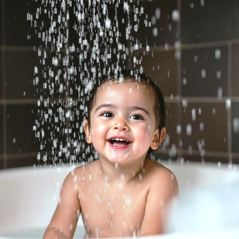 Image of a happy child enjoying a shower of clean water