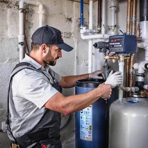 Photo of a repairman attending to a watersoftener