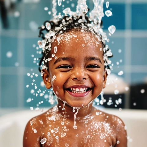 Image of a happy child enjoying a shower