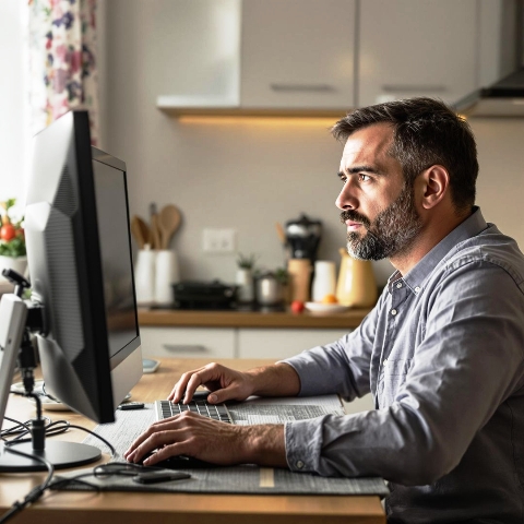 man looking into computer screen